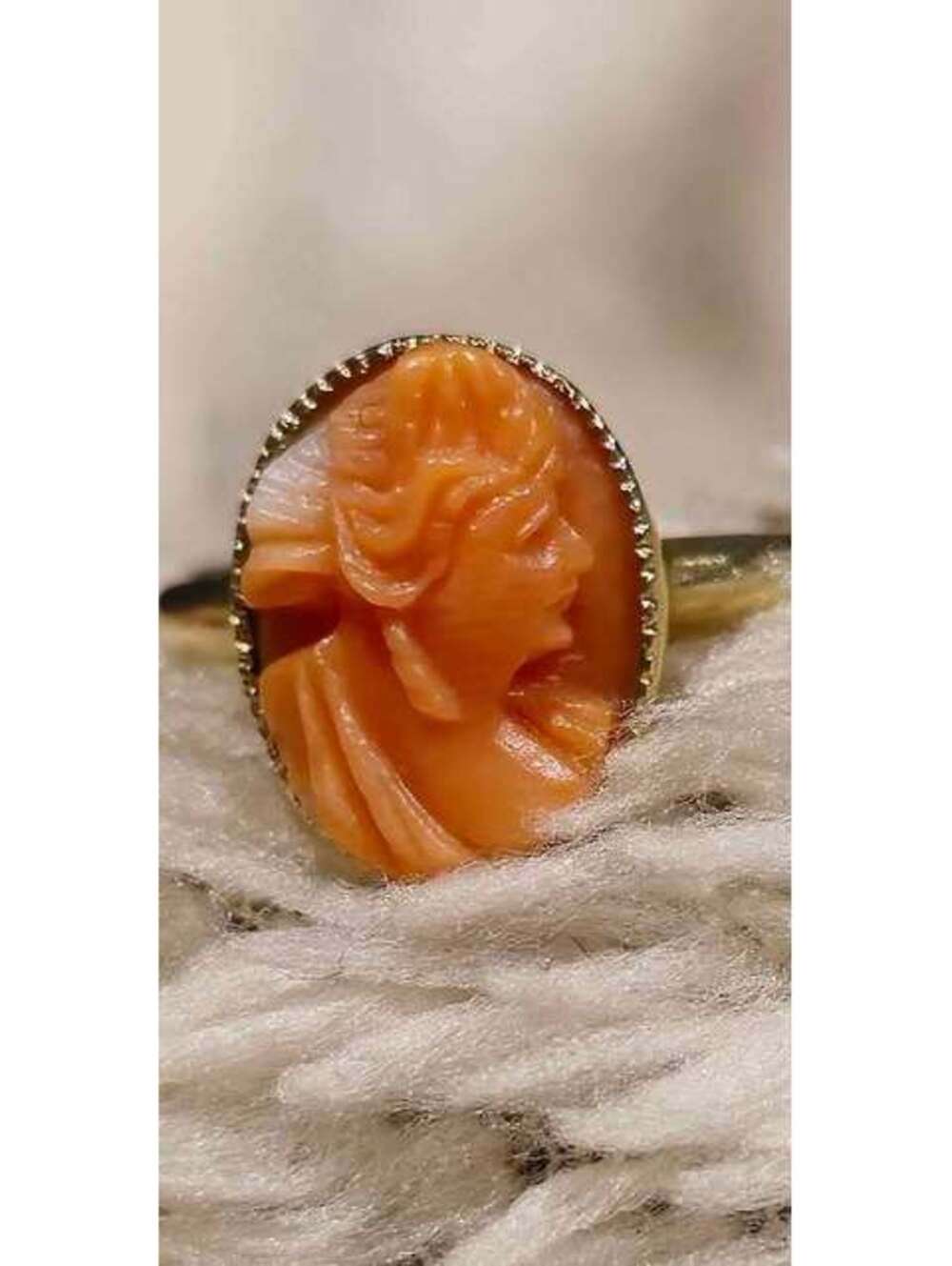 Antique 14k Gold baby Ring with Carved Coral Cameo 3D
